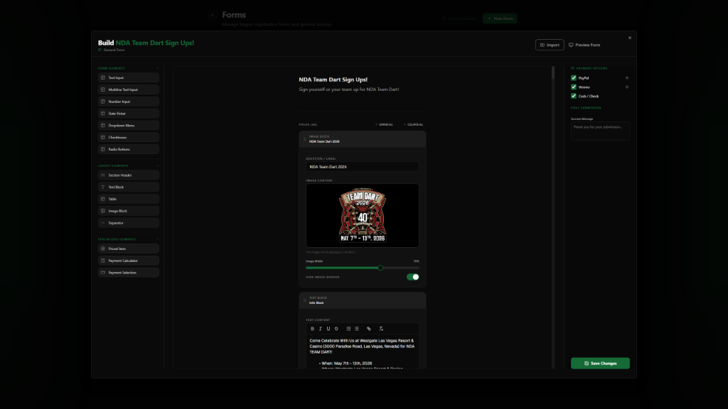 Behemoth Darts Club Custom Form Builder